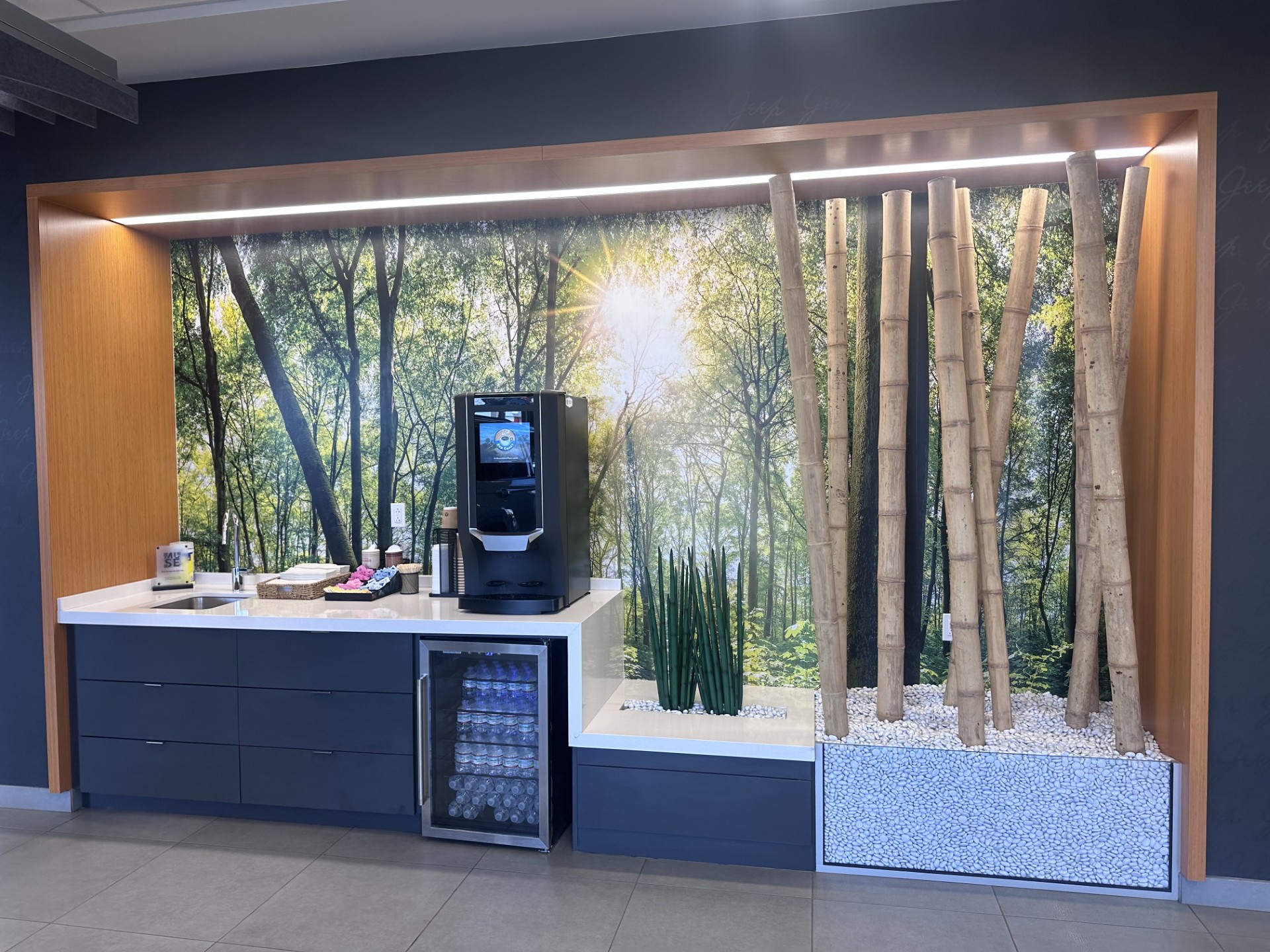 Modern coffee station setup with cups and supplies