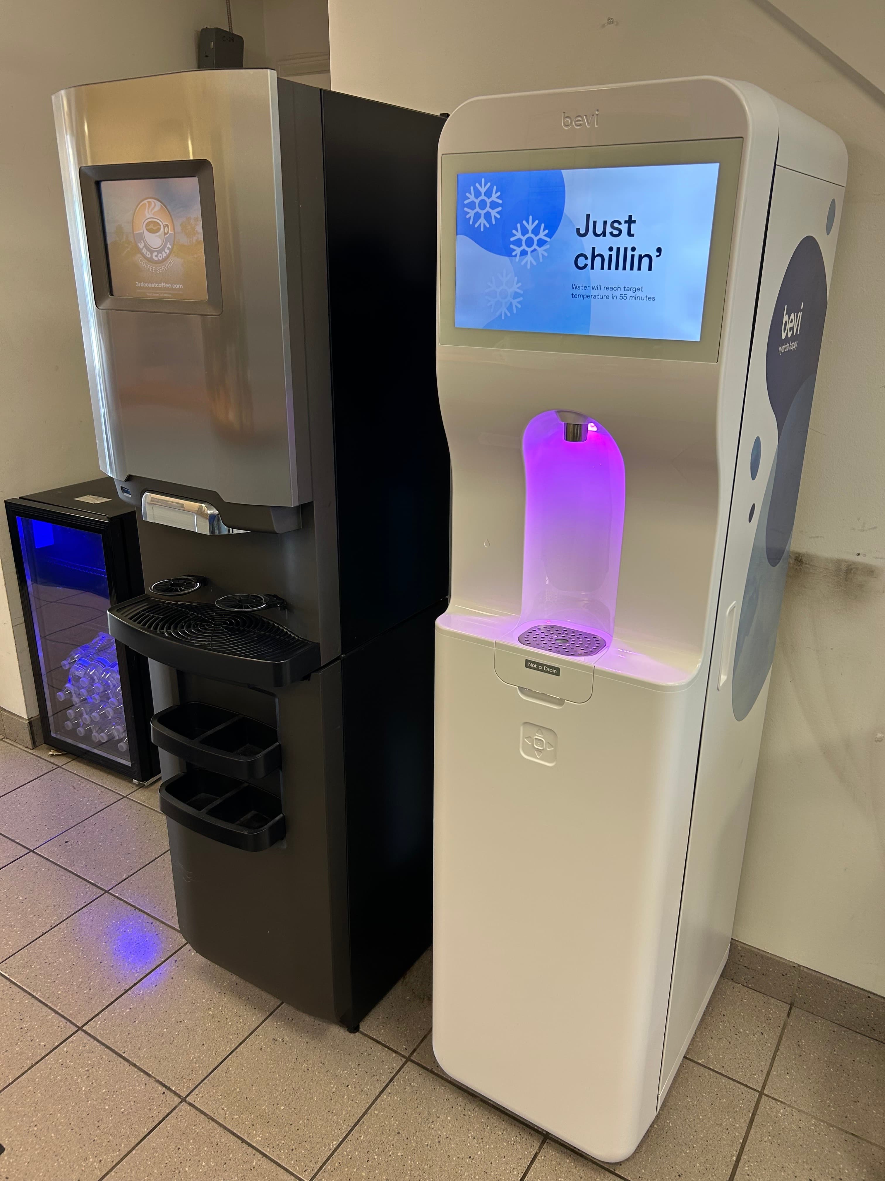 Side-by-side coffee and water dispensing machines